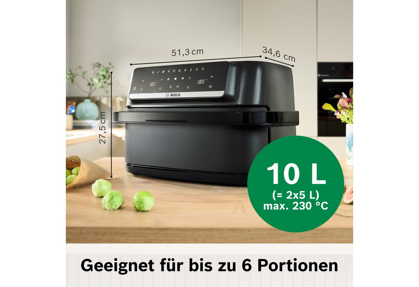 BOSCH Heißluftfritteuse Airfryer MAFD490B7, Dualbasket, 10 L oder 2* 5L Kammern, schwarz, 2500 W, PFAs frei, einfache Reinigung, 6 voreingestellte Programme – Bild 2 von 5
