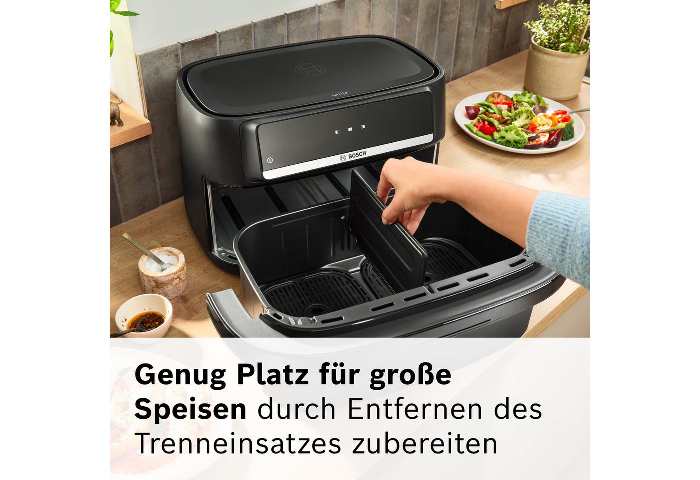 BOSCH Heißluftfritteuse Airfryer MAFD490B7, Dualbasket, 10 L oder 2* 5L Kammern, schwarz, 2500 W, PFAs frei, einfache Reinigung, 6 voreingestellte Programme – Bild 4 von 5