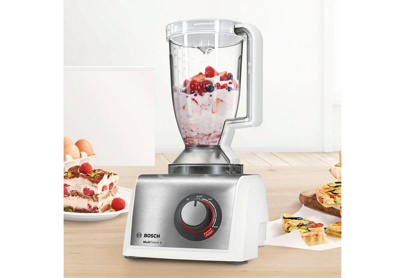 BOSCH Kompakt-Küchenmaschine MultiTalent 8 MC812S814, 1250 W, 3,9l Schüssel, 1,5l Mixaufsatz, Rührbesen, Universalmesser, 3 Scheiben – Bild 4 von 5
