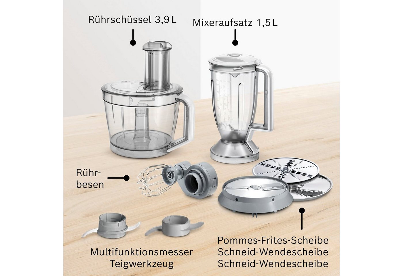 BOSCH Kompakt-Küchenmaschine MultiTalent 8 MC812S814, 1250 W, 3,9l Schüssel, 1,5l Mixaufsatz, Rührbesen, Universalmesser, 3 Scheiben – Bild 5 von 5