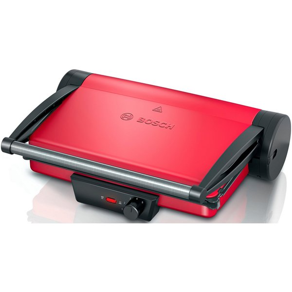 BOSCH Kontaktgrill TCG4104, 3-in1-Kontaktgrill, Temperaturregler, Fettablaufrinne, rot, 2000 W, herausnehmbare Aluminium-Grillplatten, einfache Reinigung, kompa