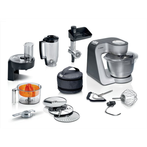 BOSCH Küchenmaschine MUM5935B Durchlaufschnitzler, 3 Scheiben, Mixer, silber, 1000 W, 3,9 l Schüssel, Fleischwolf, Kekspresse, Zitruspresse, 3 Rühr-/Knethaken, 