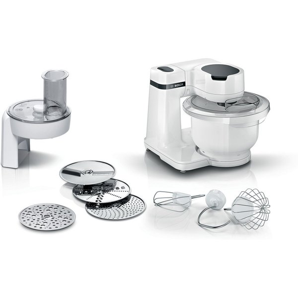 BOSCH Küchenmaschine Serie 2 MUM2SAW01, Kunststoffschüssel, Durchlaufschnitzler, 700 W, 3,8 l Schüssel, Durchlaufschnitzler, 3 Reibescheiben, Patisserieset Edel