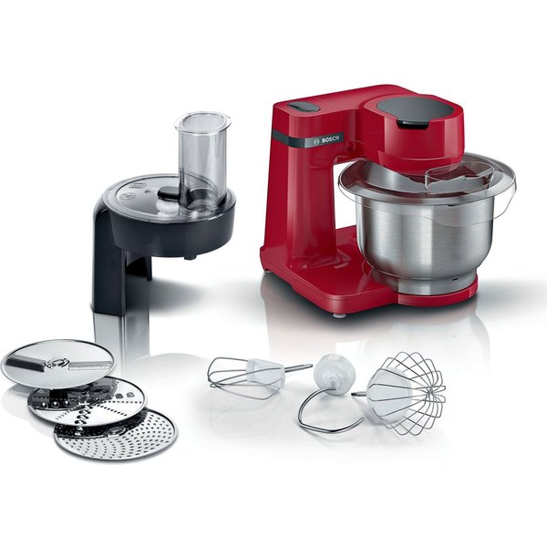 BOSCH Küchenmaschine Serie 2 MUMS2ER01, Durchlaufschnitzler, 4 Scheiben, rot, 700 W, 3,8 l Schüssel, Durchlaufschnitzler, 3 Reibescheiben, Patisserieset Edelsta