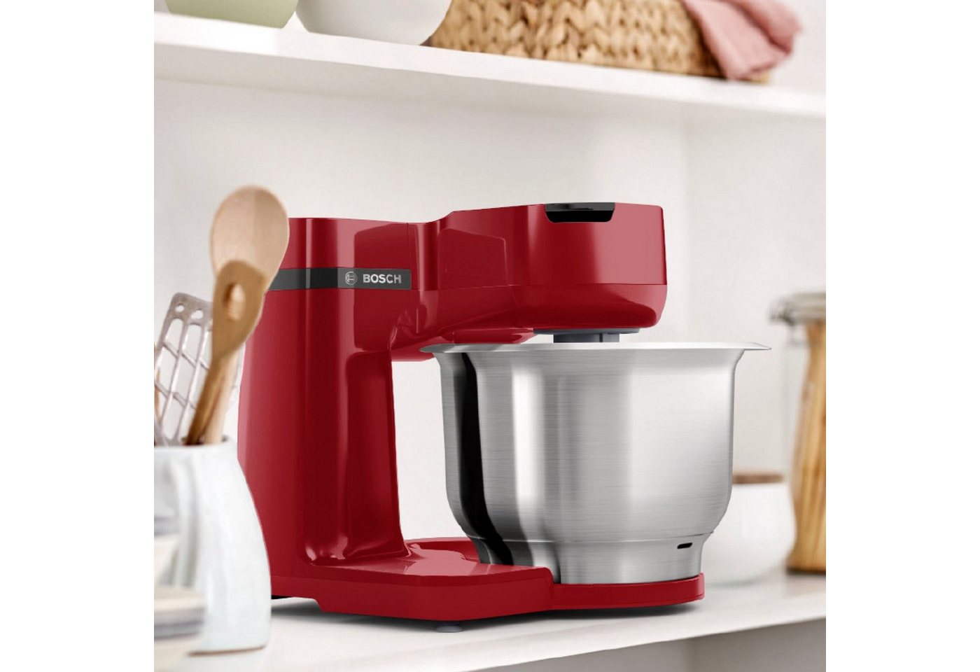 BOSCH Küchenmaschine Serie 2 MUMS2ER01, Durchlaufschnitzler, 4 Scheiben, rot, 700 W, 3,8 l Schüssel, Durchlaufschnitzler, 3 Reibescheiben, Patisserieset Edelsta – Bild 2 von 5