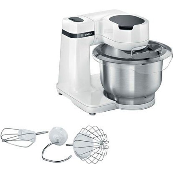 BOSCH Küchenmaschine Serie 2 MUMS2EW00, Edelstahlschüssel, weiß, 700 W, 3,8 l Schüssel, Planetenrührwerk, Knethaken/Schlag-/Rührbesen Edelstahl, 4 Stufen