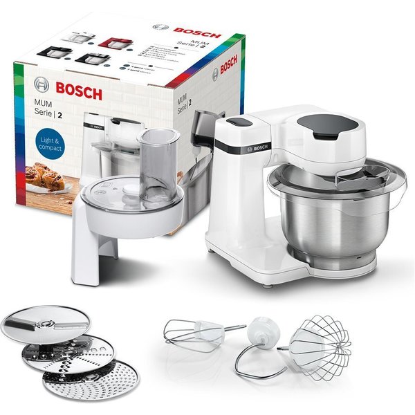 BOSCH Küchenmaschine Serie 2 MUMS2EW01, Edelstahlschüssel, Durchlaufschnitzler, Deckel, 700 W, 3,8 l Schüssel, Durchlaufschnitzler, 3 Reibescheiben, Patisseries