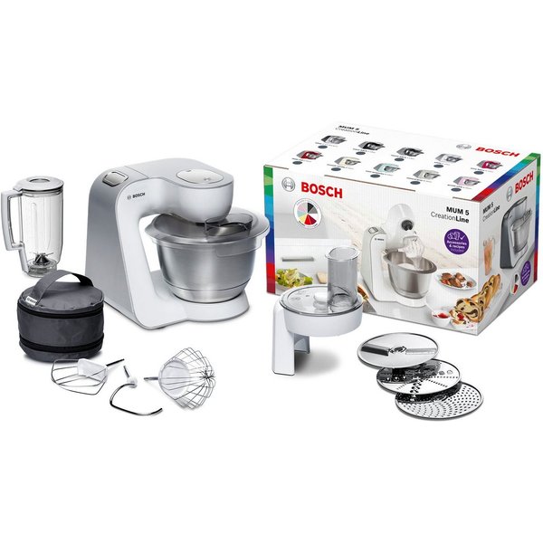 BOSCH Küchenmaschine Serie 4 MUM58W20, Mixer, Durchlaufschnitzler, 3 Scheiben, weiß, 1000 W, 3 Scheiben, Schüssel, Knethaken/Rühr-/Silikonbesen, spülmaschinenfe