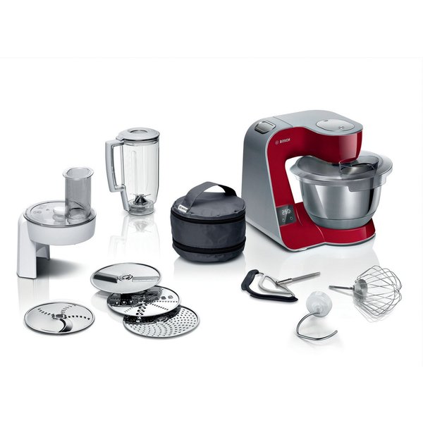 BOSCH Küchenmaschine Serie 4 MUM5X720, integr. Waage, Durchlaufschnitzler, Mixer, rot, 1000 W, 3,9 l Schüssel, 3 Scheiben, Schüssel, Knethaken/Rühr-/Schlagbesen