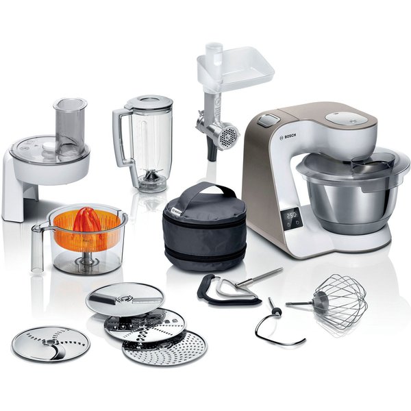 BOSCH Küchenmaschine Serie 4 MUM5XW40, integr. Waage, Durchlaufschnitzler, weiß/champagner, 1000 W, 3,9 l Schüssel, 4 Scheiben, Mixer, Fleischwolf, Zitruspresse