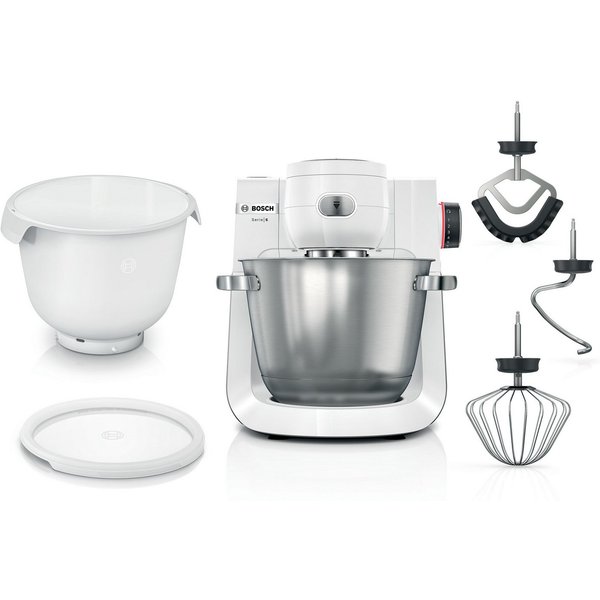 BOSCH Küchenmaschine Serie 6 MUMS6EW18, 2 Schüsseln (Edelstahl, Kunststoff), Deckel, weiß, 1600 W, 13,1 l Schüssel, 2 XL-Schüsseln (Edelstahl, Kunststoff), Pati