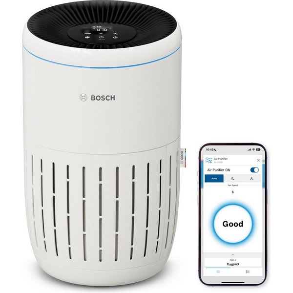 BOSCH Luftreiniger Air 2000i, kompakt mit App-Steuerung, für 37 m² Räume, mit 3-in-1 Luftfilter, Smart Sensor, Automatik-, Ruhemodus < 25 dB(A)
