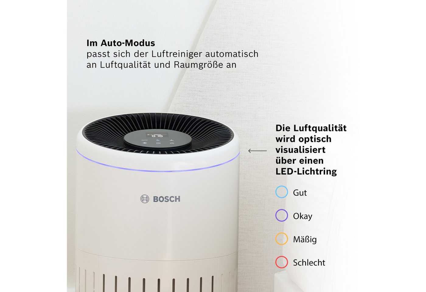 BOSCH Luftreiniger Air 4000, filtert über 99% der Schadstoffe, für 62 m² Räume, mit 3-in-1 Luftfilter, Automatik- und Ruhemodus – Bild 2 von 5