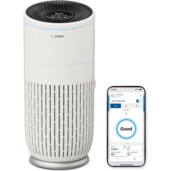 BOSCH Luftreiniger Air 6000i, leistungsstark und mit App-Steuerung, für 125 m² Räume, mit 4-in-1 Luftfilter und Temperatur- und Luftfeuchtigkeits-Sensor