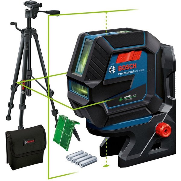 Bosch Professional Punkt- und Linienlaser GCL 2-50 G Professional Baustativ-Set, (Set), Staub- und Spritzwasserschutz IP64, für Laser-Empfänger LR 7