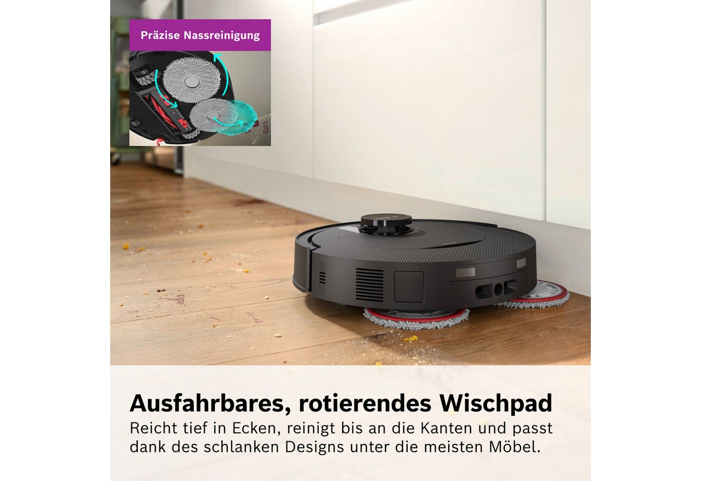 BOSCH Saugroboter mit Wischfunktion Spotless 2 BCR2S1B/BCR2S1W, 25.000 Pa Saugkraft, beutellos, Selbstreinigung, Nass-Trocken-Servicestation, rotierende Pads – Bild 3 von 5