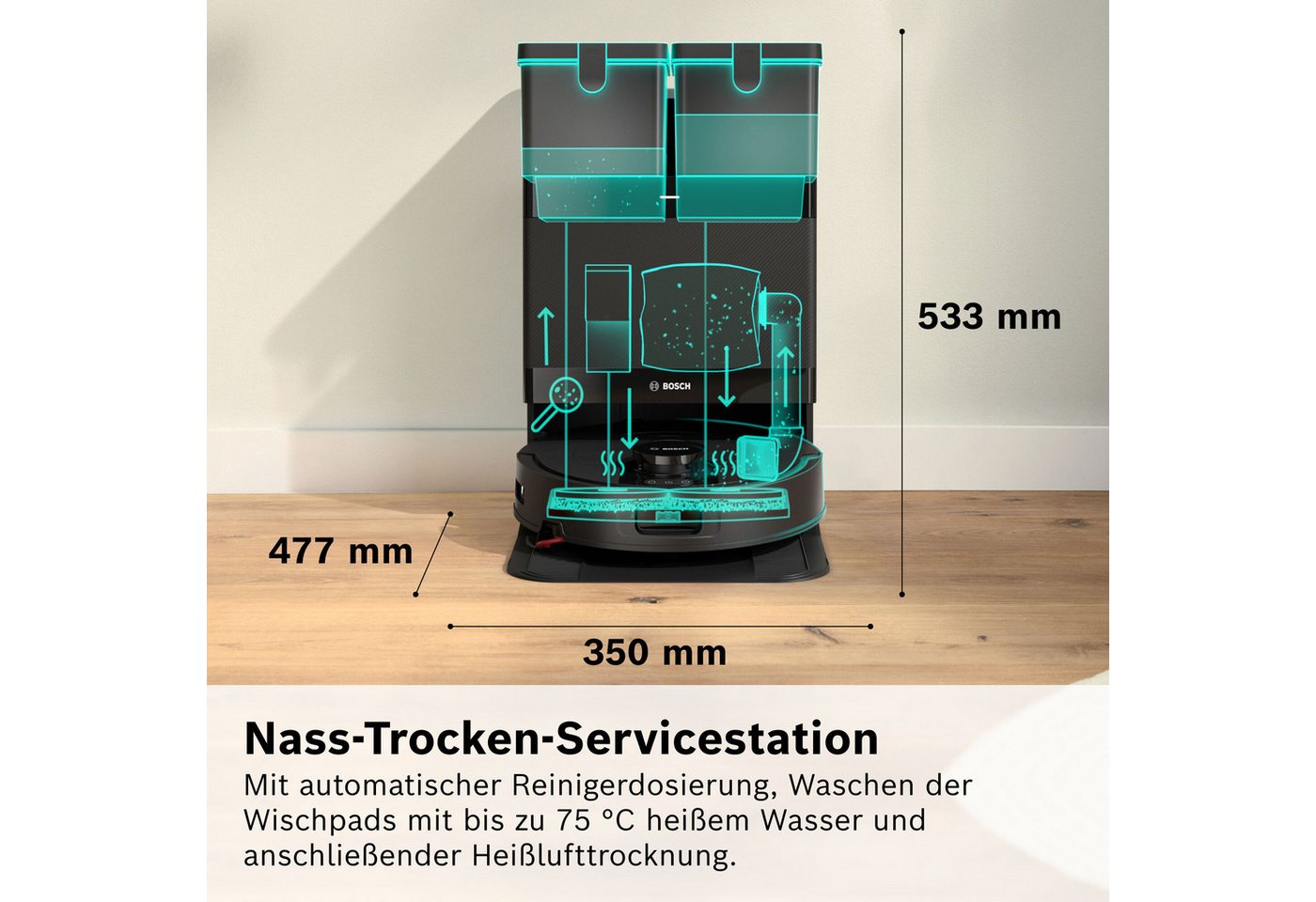 BOSCH Saugroboter mit Wischfunktion Spotless 2 BCR2S1B/BCR2S1W, 25.000 Pa Saugkraft, beutellos, Selbstreinigung, Nass-Trocken-Servicestation, rotierende Pads – Bild 4 von 5