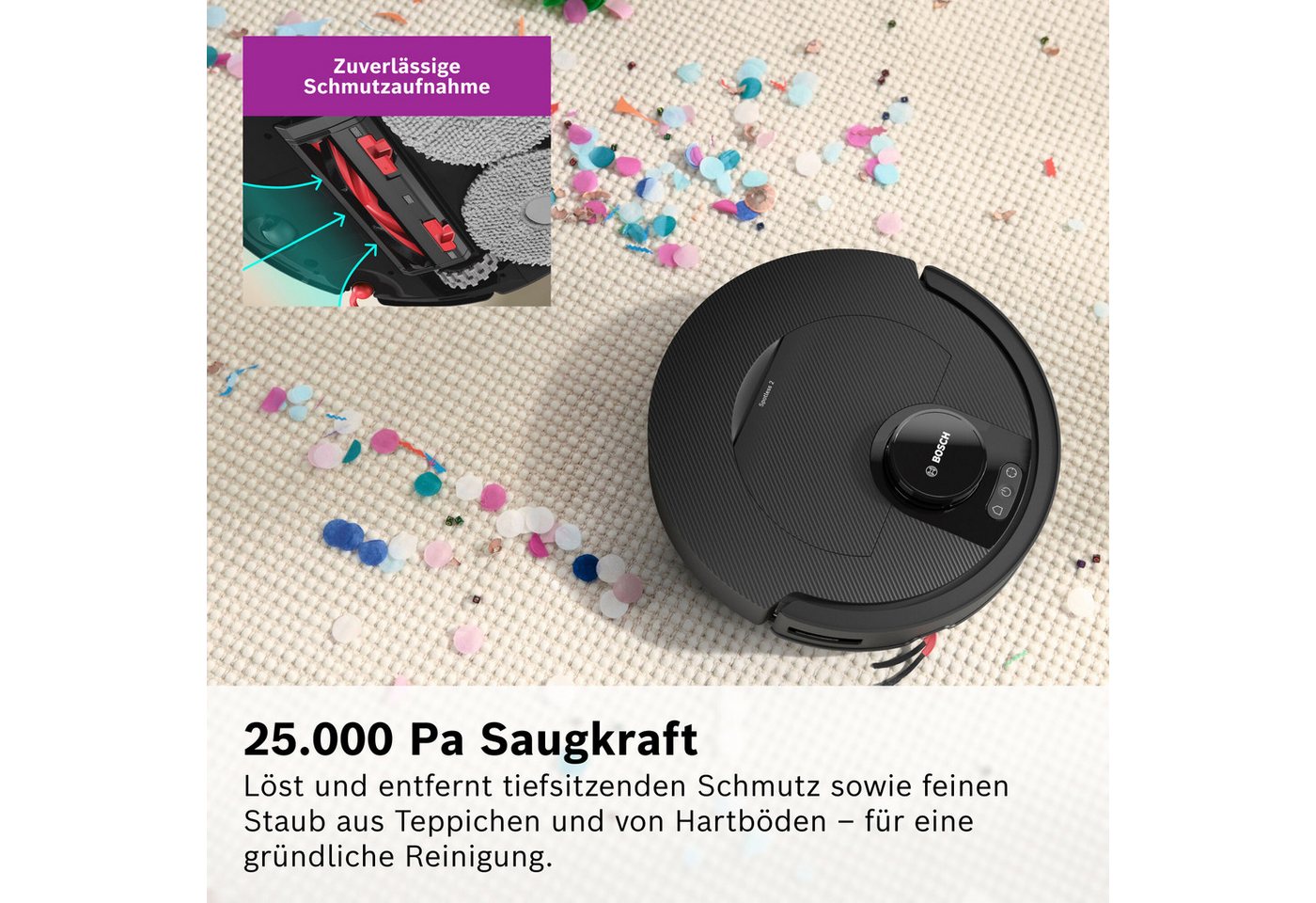 BOSCH Saugroboter mit Wischfunktion Spotless 2 BCR2S1B/BCR2S1W, 25.000 Pa Saugkraft, beutellos, Selbstreinigung, Nass-Trocken-Servicestation, rotierende Pads – Bild 5 von 5