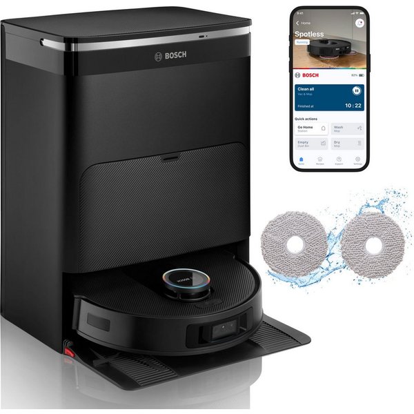 BOSCH Saugroboter mit Wischfunktion Spotless Max Cam BCRDW3BX, rotierende Wischpads, 60 W, mit Beutel, Datensicherheit, 11.000 Pa Saugkraft, Absaugstation, Kame
