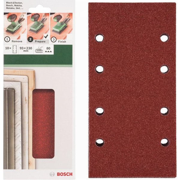 BOSCH Schleifpapier Schleifblatt Klett 10 x, 93 x 230 mm, Körnung 80 für Schwingschleifer