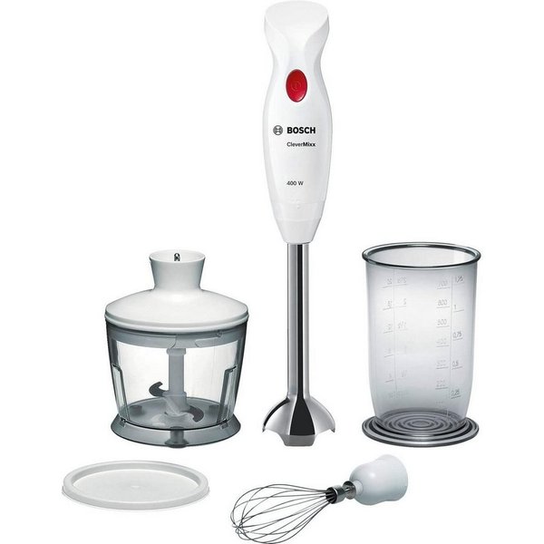BOSCH Stabmixer CleverMixx MSM24500, Edelst. Mixfuß, Zerkleinerer, Schneebesen, weiß, 400 W, 4 Klingen, Mixbecher, Made in Europe