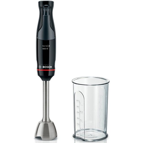 BOSCH Stabmixer ErgoMaster Serie 4 MSM4B610, 4 Klingen, Mixfuß Edelstahl, schwarz, 1000 W, Becher, großer Bedienhebel, Keramikkupplung, Made in Europe
