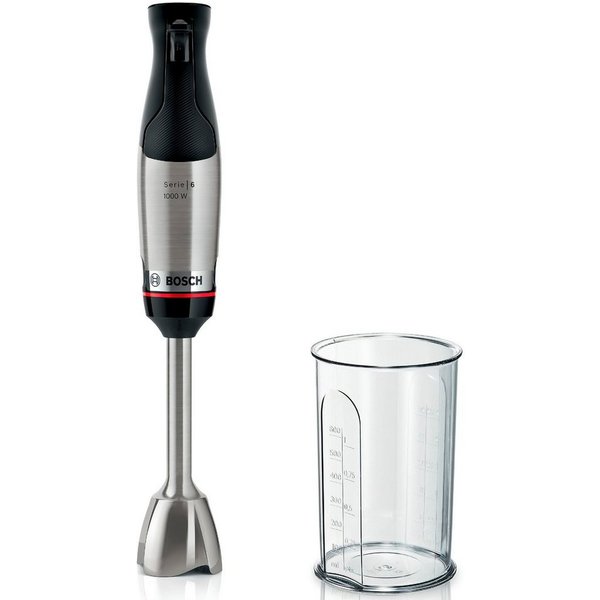 BOSCH Stabmixer ErgoMaster Serie 6 MSM6M610, 4 Klingen, Mixfuß Edelstahl, schwarz, 1000 W, Becher, luftgekühlter Motor, Keramikkupplung, 10 J Motorgarantie