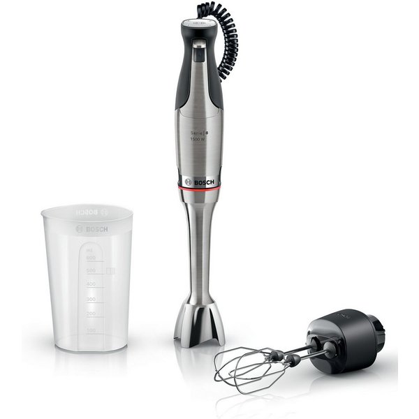 BOSCH Stabmixer ErgoMaster Serie 8, MSM8M914, Doppelschneebesen, Spiralkabel, Becher, 1500 W, 6 Klingen Edelstahl, Keramikkupplung, luftgekühlter Motor