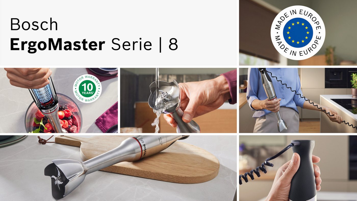 BOSCH Stabmixer ErgoMaster Serie 8, MSM8M914, Doppelschneebesen, Spiralkabel, Becher, 1500 W, 6 Klingen Edelstahl, Keramikkupplung, luftgekühlter Motor – Bild 2 von 5