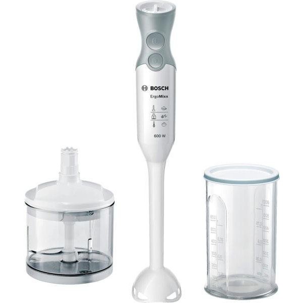 BOSCH Stabmixer ErgoMixx MSM66020, inkl. Zerkleinerer & Becher, 4 Klingen, 12 Stufen, 600 W, ergonomisches Design, made in Europe, weiß/grau