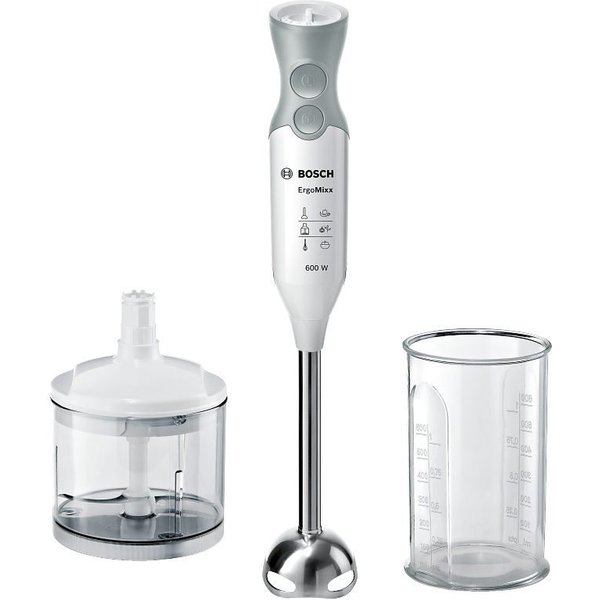 BOSCH Stabmixer ErgoMixx MSM66120, Edelstahl-Mixfuß, Zerkleinerer, 12 Stufen, weiß, 600 W, 4 Klingen, Mixbecher, Made in Europe