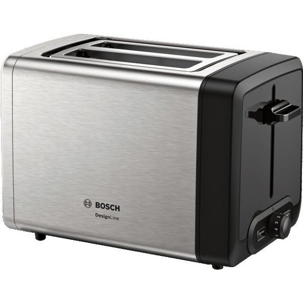 BOSCH Toaster DesignLine TAT4P420DE, integrierter Edelstahl-Brötchenaufsatz, 2 kurze Schlitze, 820 W, Abschaltautomatik, Auftaufunktion, Liftfunktion, Breit, Ed