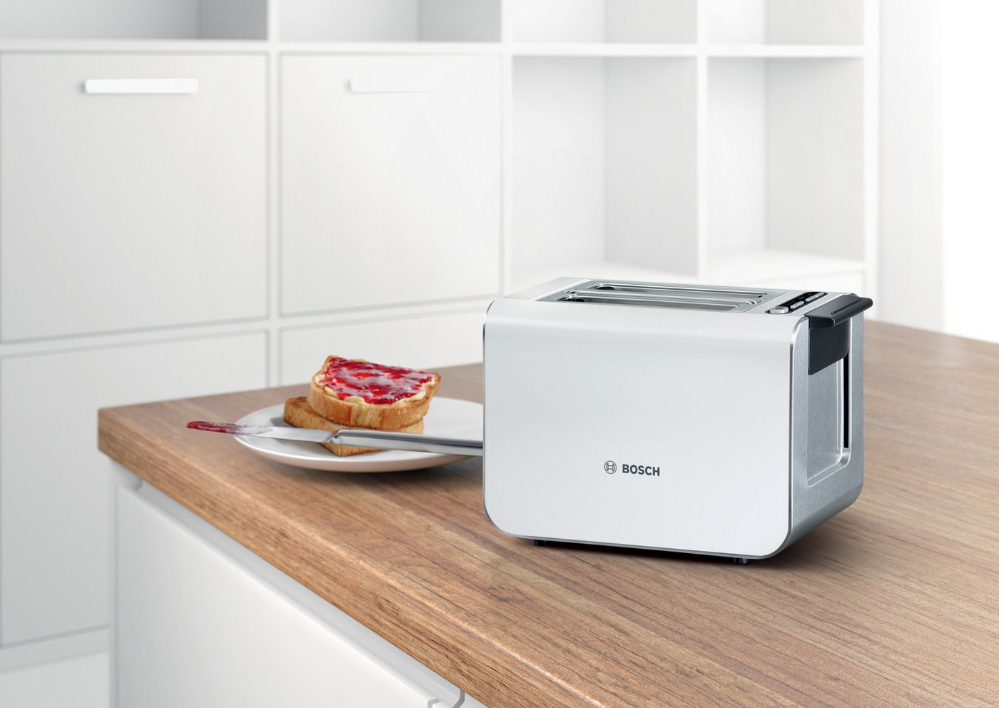 BOSCH Toaster Styline TAT8611N, integrierter Brötchenaufsatz, Liftfunktion, 860 W, Auftaufunktion, Abschaltautomatik, Brotzentrierung, Edelstahl/weiß – Bild 2 von 5
