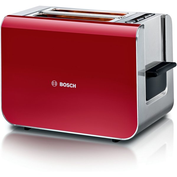 BOSCH Toaster Styline TAT8614N, integrierter Brötchenaufsatz, Liftfunktion, 860 W, Auftaufunktion, Abschaltautomatik, Brotzentrierung, Edelstahl/rot