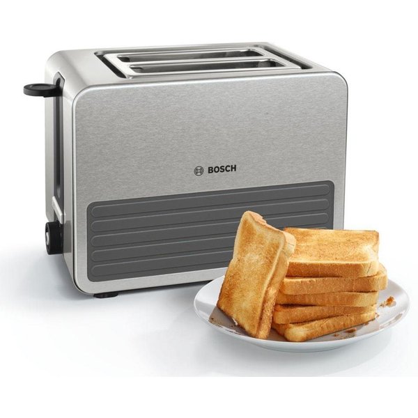 BOSCH Toaster TAT7S25, integrierter Edelstahl-Brötchenaufsatz, mit Abschaltautomatik, 2 kurze Schlitze, für 2 Scheiben, 1050 W, Auftaufunktion, ideal für 2 Sche