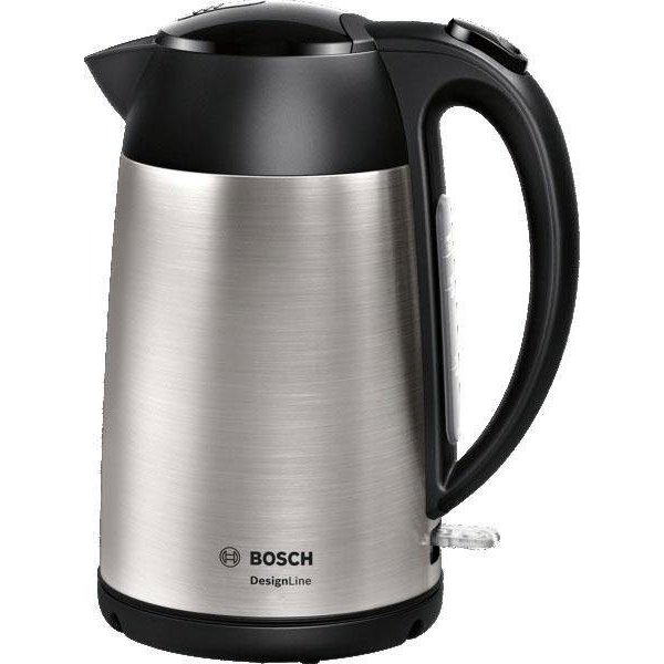 BOSCH Wasserkocher DesignLine TWK3P420, Ausgießen ohne Spritzer, Tassenanzeige, 1,7 l, 2400 W, Überhitzungsschutz, Edelstahl/schwarz