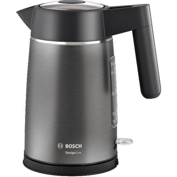 BOSCH Wasserkocher DesignLine TWK5P475, Ausgießen ohne Spritzer, Tassenanzeige, 1,7 l, 2400 W, große Wasserstandsanzeige, Überhitzungsschutz, grau