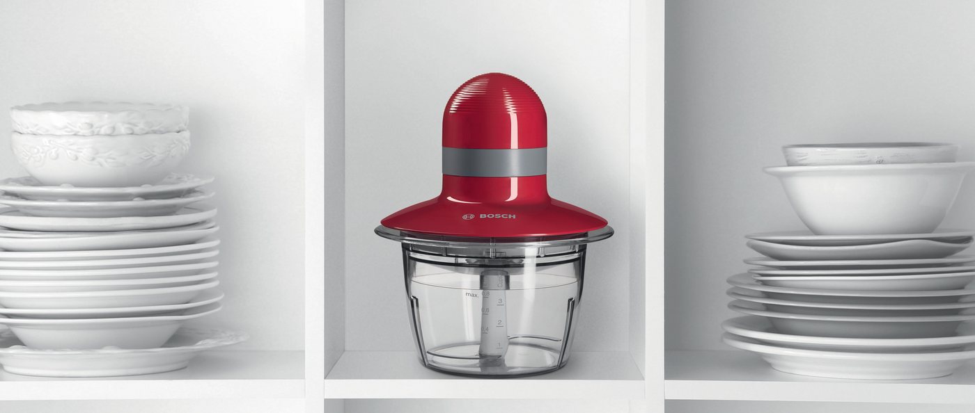 BOSCH Zerkleinerer MMR08R2, 800ml Behälter, Schlagscheibe, Edelstahl-Messer, rot, 400 W, Behälter mikrowellengeeignet, Einhand-Bedienung – Bild 3 von 4
