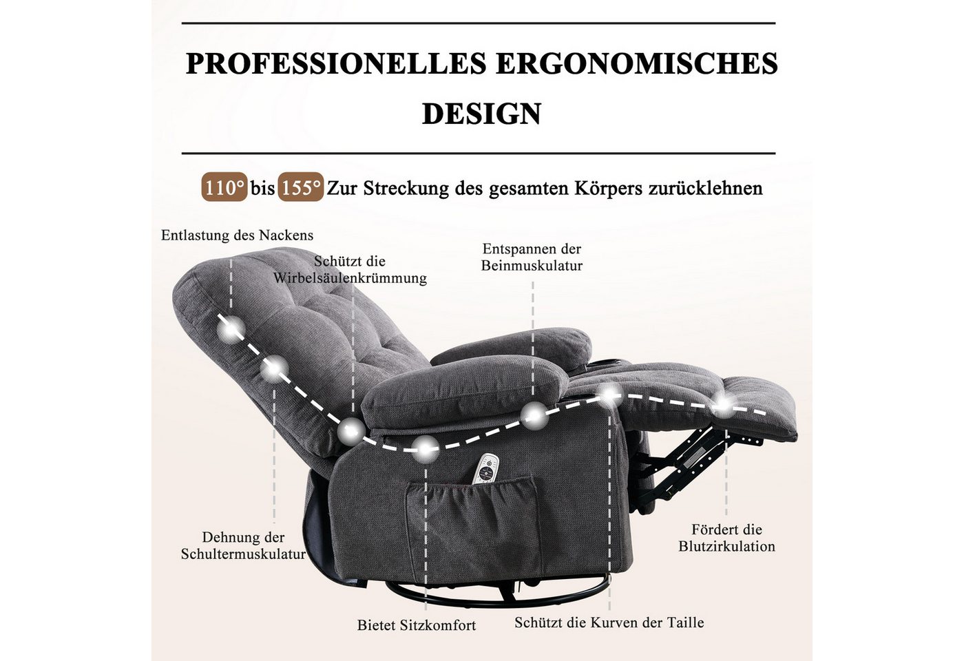 bosmiller Relaxsessel Elektrisch Massagesessel mit Liegefunktion (1-St), Oversize Fernsehsessel mit Wärmefunktion, grau – Bild 3 von 5