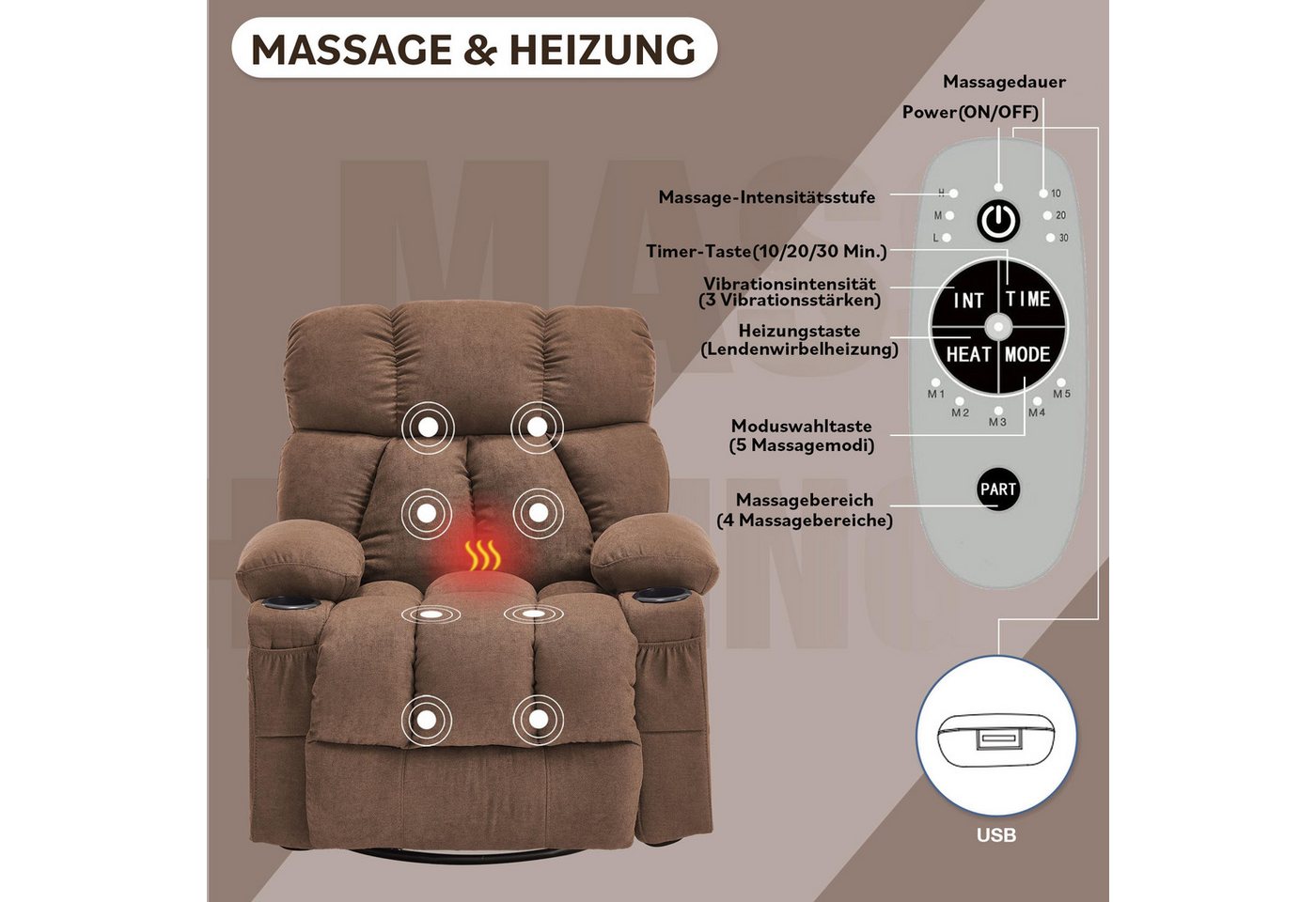 bosmiller Relaxsessel Elektrisch Massagesessel mit Wärmefunktion,Fernsehsessel Liegefunktion (1-St), mit 2 Seitentaschen Getränkehalter, 360°-Drehung für Wohnzi – Bild 4 von 5