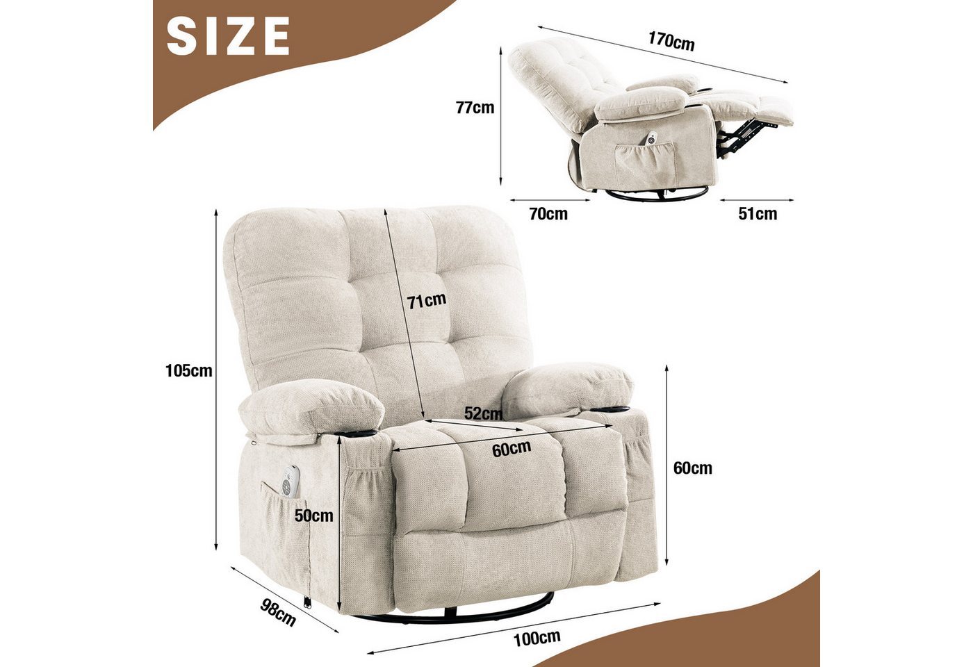 bosmiller Relaxsessel Elektrisch Massagesessel mit Liegefunktion (1-St), Oversize Fernsehsessel mit Wärmefunktion, beige – Bild 2 von 5