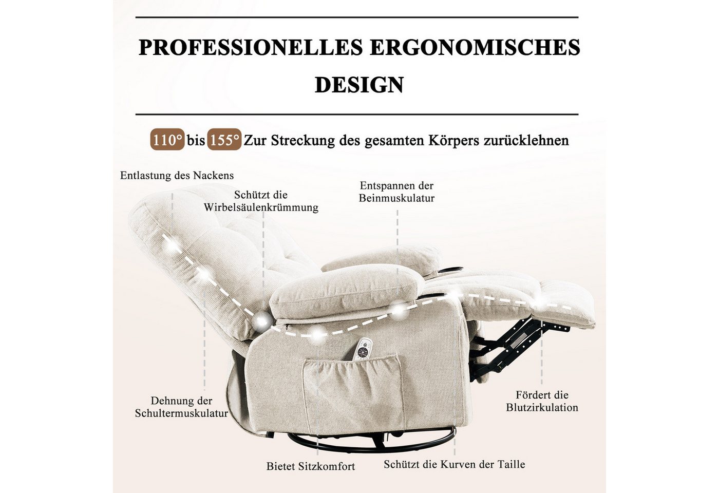 bosmiller Relaxsessel Elektrisch Massagesessel mit Liegefunktion (1-St), Oversize Fernsehsessel mit Wärmefunktion, beige – Bild 3 von 5