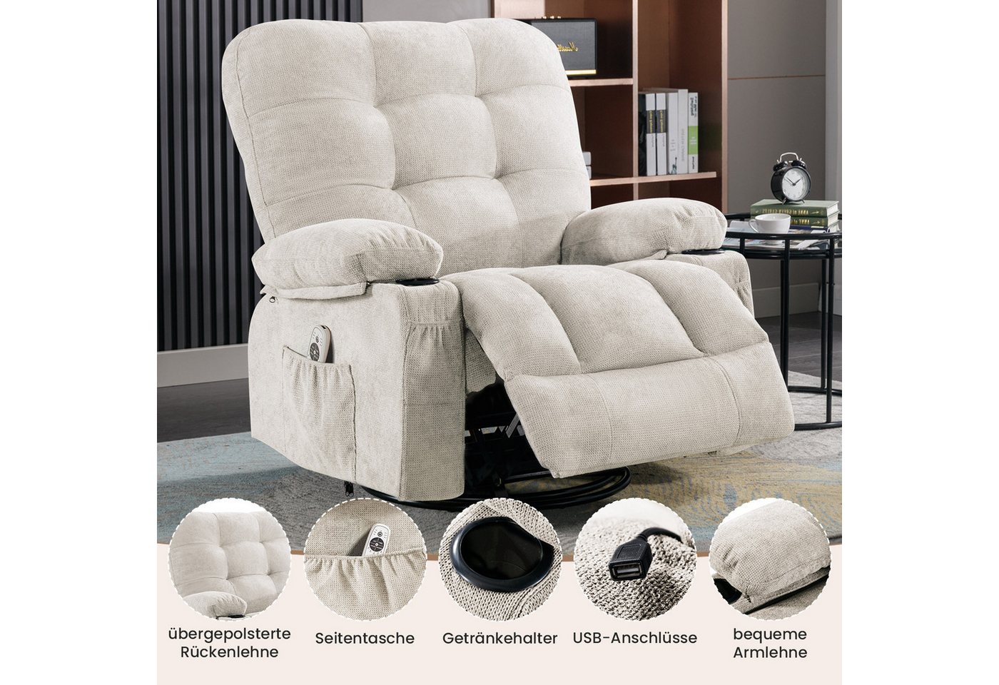bosmiller Relaxsessel Elektrisch Massagesessel mit Liegefunktion (1-St), Oversize Fernsehsessel mit Wärmefunktion, beige – Bild 4 von 5