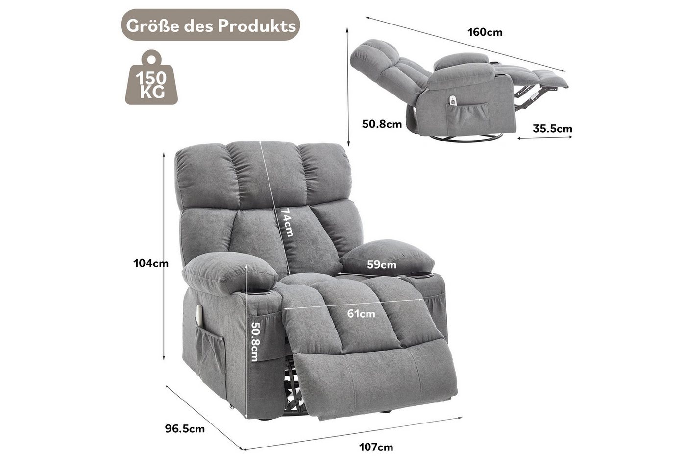bosmiller Relaxsessel Elektrisch Massagesessel mit Wärmefunktion,Fernsehsessel Liegefunktion (1-St), mit 2 Seitentaschen Getränkehalter, 360°-Drehung für Wohnzi – Bild 2 von 5
