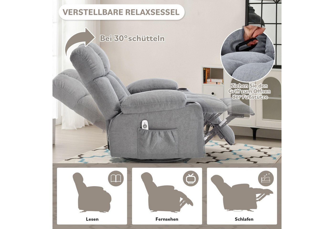 bosmiller Relaxsessel Elektrisch Massagesessel mit Wärmefunktion,Fernsehsessel Liegefunktion (1-St), mit 2 Seitentaschen Getränkehalter, 360°-Drehung für Wohnzi – Bild 3 von 5