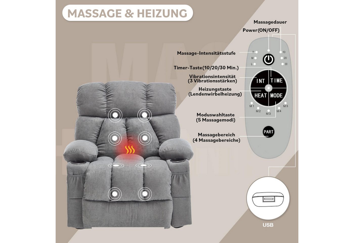 bosmiller Relaxsessel Elektrisch Massagesessel mit Wärmefunktion,Fernsehsessel Liegefunktion (1-St), mit 2 Seitentaschen Getränkehalter, 360°-Drehung für Wohnzi – Bild 4 von 5