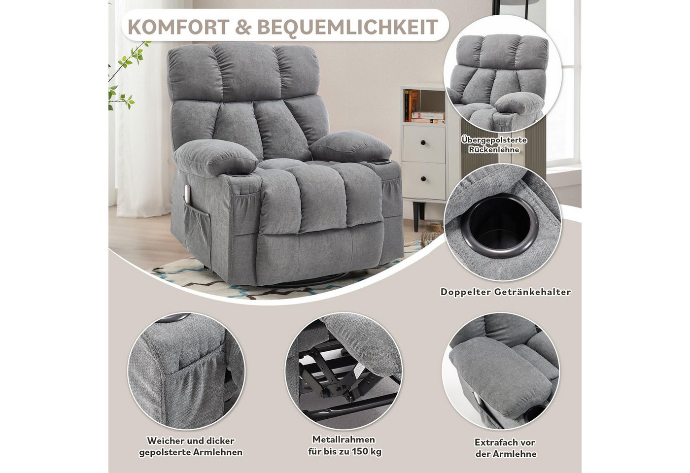 bosmiller Relaxsessel Elektrisch Massagesessel mit Wärmefunktion,Fernsehsessel Liegefunktion (1-St), mit 2 Seitentaschen Getränkehalter, 360°-Drehung für Wohnzi – Bild 5 von 5