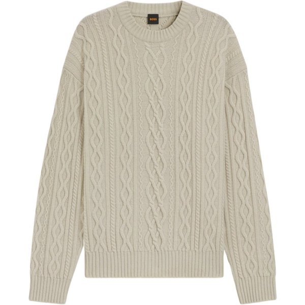 BOSS ORANGE Strickpullover natur,Basic,Wolle,Strukturiert,Rundhals,Lang,Relaxed Fit