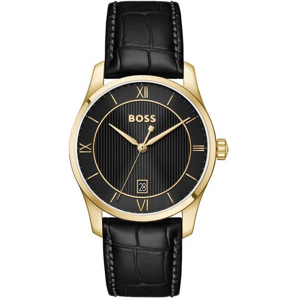 BOSS Quarzuhr PRINCIPLE 1514364, Armbanduhr, Damenuhr, Herrenuhr, Lederarmband, analog, Tag