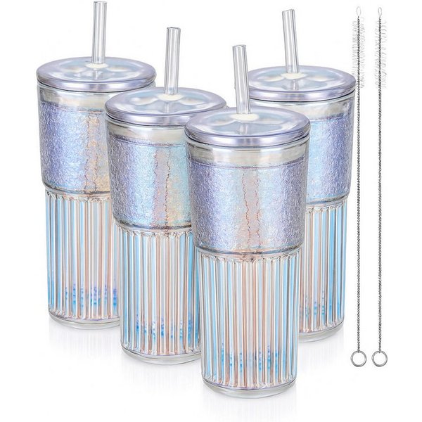 Bossjoy Cocktailglas 4er Trinkbecher Set 650ml mit Deckel & Strohhalm Eiskaffee Smoothie, Glas, hitze- und kältebeständig, spülmaschinengeeignet